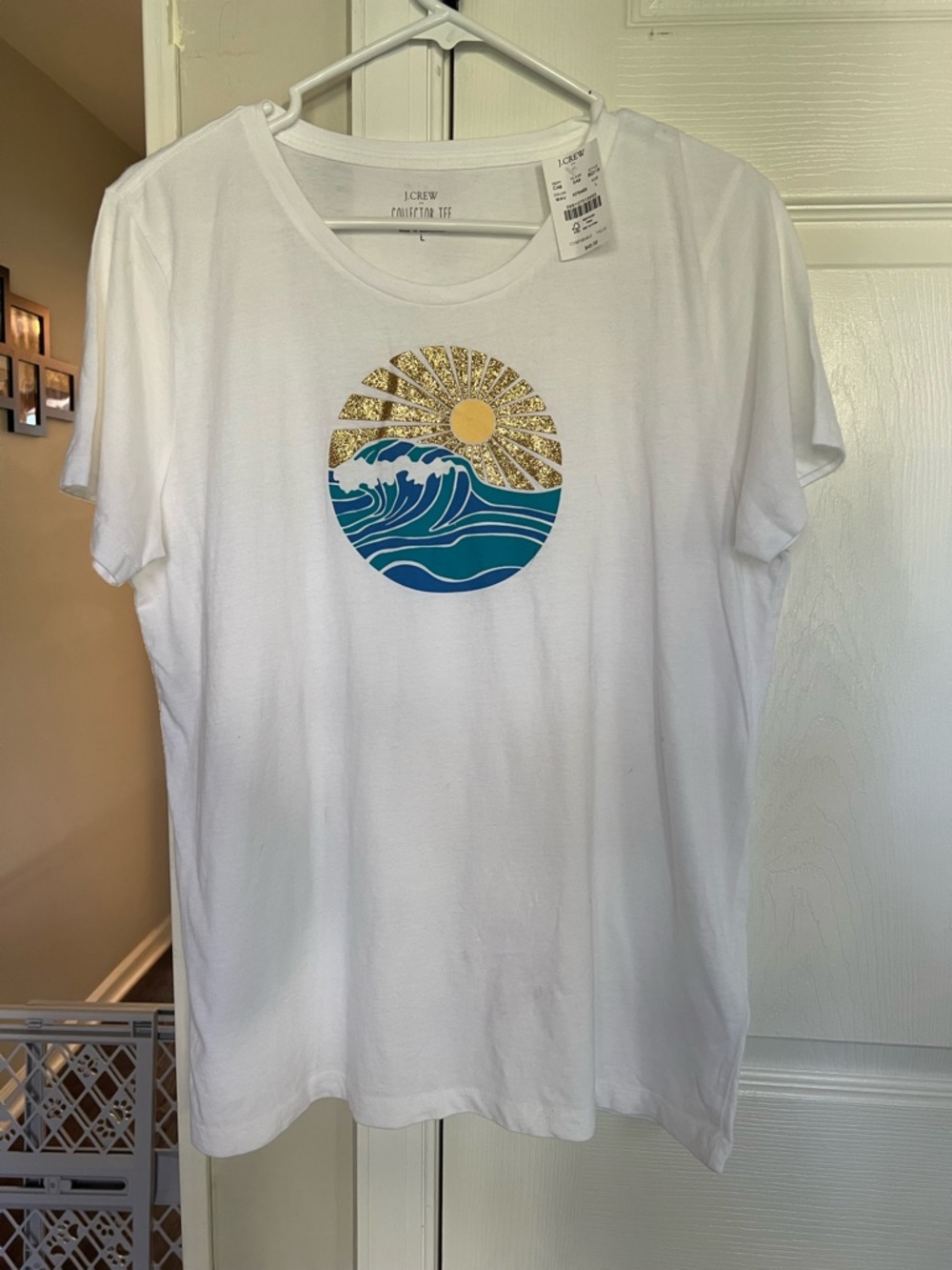 J. Crew White Tee with Gold Sun and Blue Wave Graphic Women Large NWT